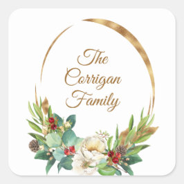 Julfärg Magnolia och Berry Watercolor Fyrkantigt Klistermärke