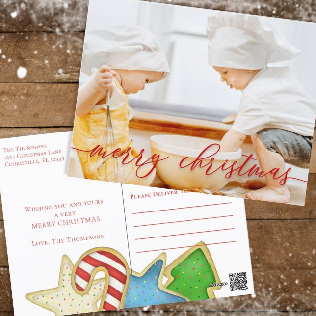 Julfärg Skript Cute Cookies 1 Foto Helg Vykort (Merry Christmas holiday photo postcard with whimsical colorful Christmas cookies. )