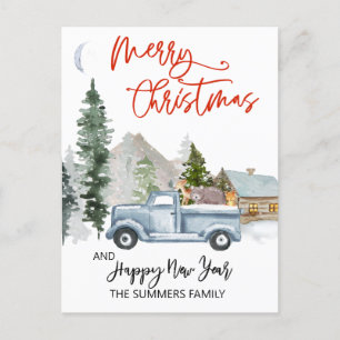 Julfärg Watercolor Winter Vintage Lastbil Woodland Helg Vykort
