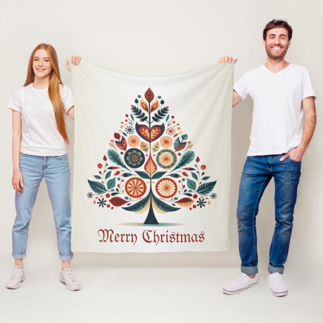 Julfärgad Träd Skandinavien Folk Art Fleecefilt (På plats)