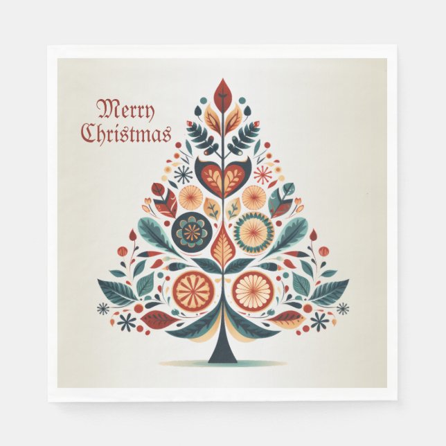 Julfärgad Träd Skandinavien Folk Art Pappersservett (Framsidan)