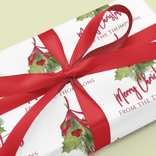 Julfärgen Greenery Red Calligraphy Presentpapper (Merry Christmas holiday watercolor greenery wrapping paper roll.)