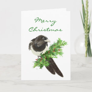 Julfärgen Magpie Bird på Gräs Gren Helgkort