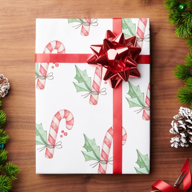Julfärgen Röda Polkagrisar och Greenery Presentpapper (Vintage Christmas Watercolor Red Candy Canes and Greenery Wrapping Paper by Painted Paperie
)