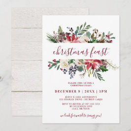 Julfärgsfärg, burgundy och marinens Blommigt Inbjudningar