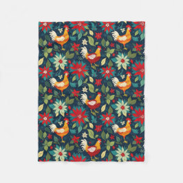 Julfarm, kycklingar och poinsettias fleecefilt