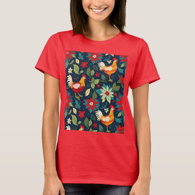 Julfarm, kycklingar och poinsettias t shirt (Framsida)