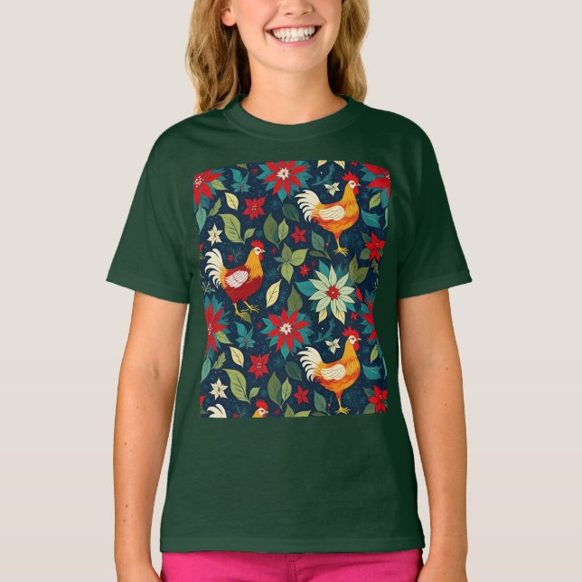 Julfarm, kycklingar och poinsettias t shirt (Framsida)