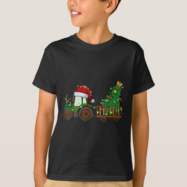 Julfarmtraaktorn Julafton Träd Ljus Santa Hat T Shirt (Framsida)