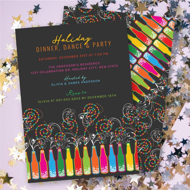 Julfest av Flaskor BubLY Firande Inbjudningar (Colorful Bottles Bubbly Celebrations Holiday Party Invitation @ fat_fa_tin)