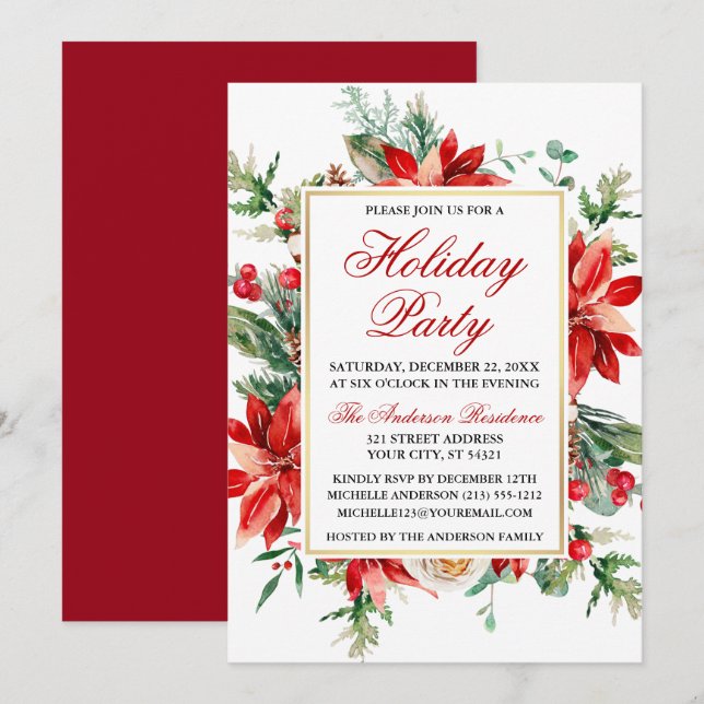 Julfest av Watercolor Red Poinsettia Blommigt Inbjudningar (Fram/baksida)
