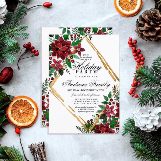 Julfest för Blommigten Burgundy Guld Poinsettia Inbjudningar (Skapare uppladdad)