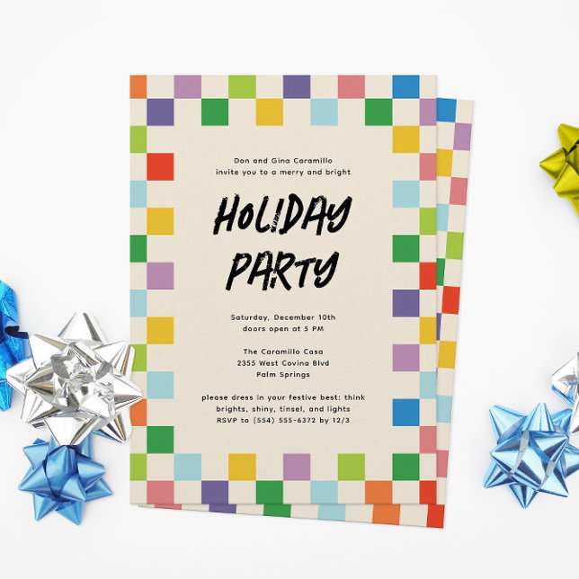 Julfest för Bright Colorful Checkerboard Julkort (happy holiday party invitation with a border of rainbow color checkerboard squares and custom text)