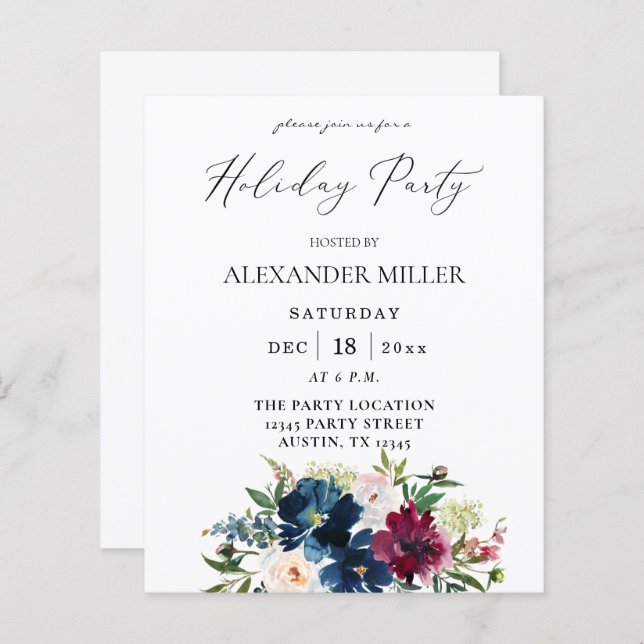 Julfest för budgetblått, Burgundy & vit Blommigt (Fram/baksida)