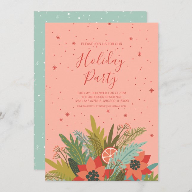 Julfest för färgfull Retro-Blommigt- Inbjudningar (Fram/baksida)