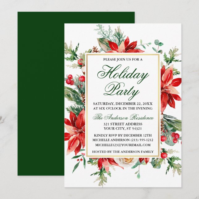 Julfest för Grönt av vattenfärgen Poinsettia Blomm Inbjudningar (Fram/baksida)
