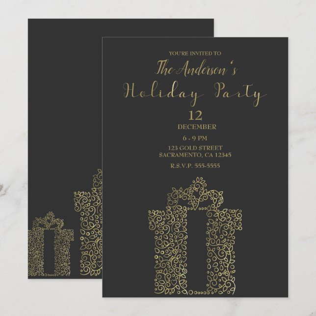 Julfest för nuvarande Elegant för kol och Guld-gåv Inbjudningar (Fram/baksida)