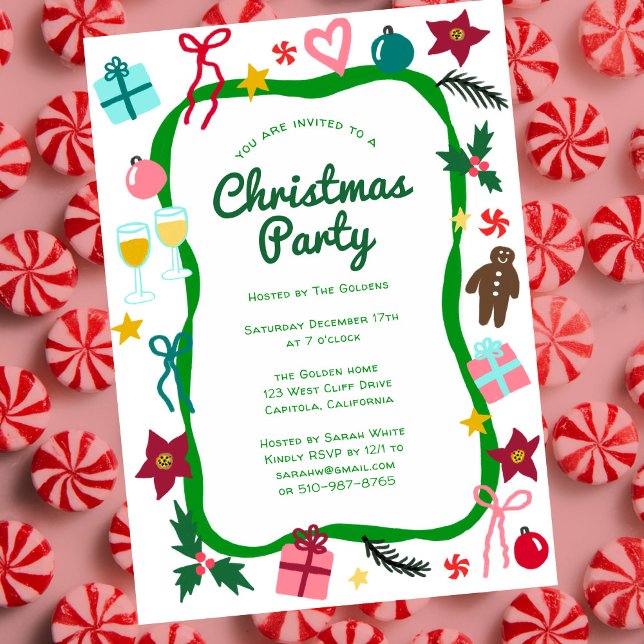 Julfest för Quirky Whimsical-ANPASSNINGSBARNA Inbjudningar (Quirky Whimsical Doodle Christmas CUSTOM Holiday Party Invitation
)