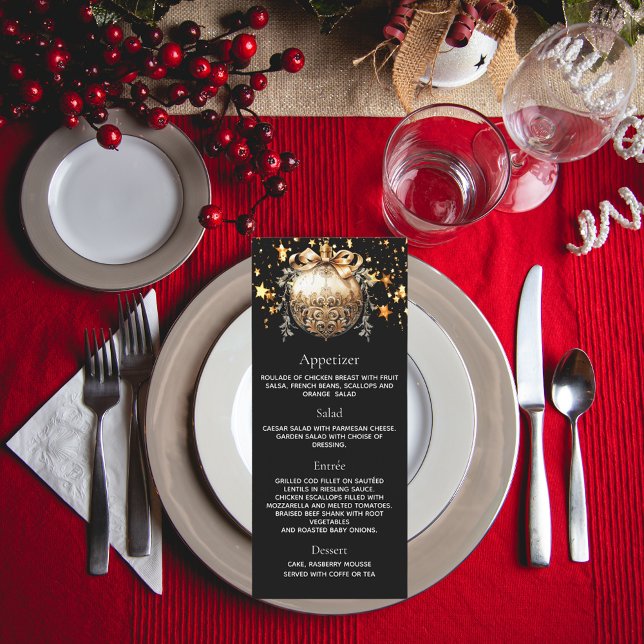 Julfest glansig svart guldklot middagsmeny meny (Skapare uppladdad)