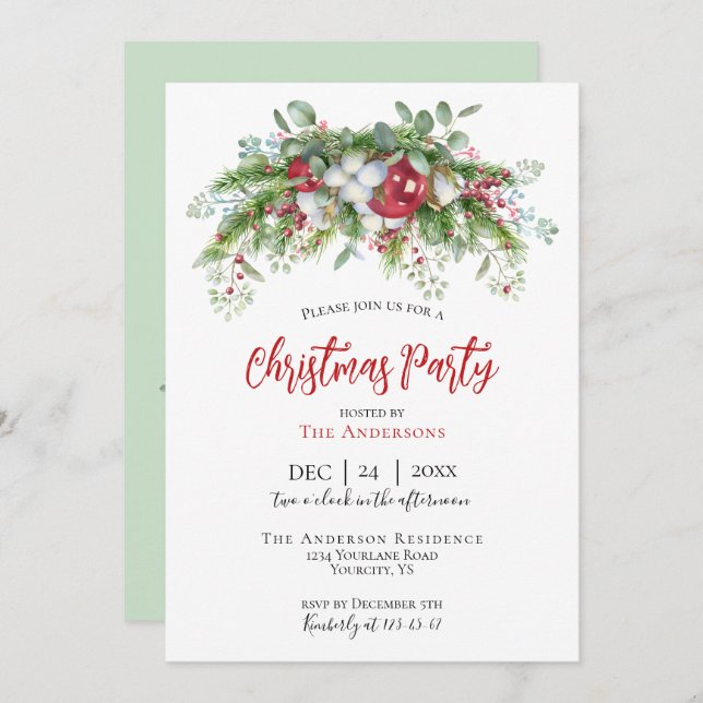 Julfest - inbjudan till trädgårdsröd grönt (Fram/baksida)