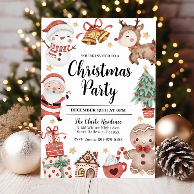 Julfest - inbjudan - vattenfärg (Cute Christmas Party Invitation)