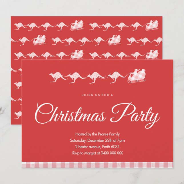 Julfest Invitation Australien Känguru Röd Inbjudningar (Fram/baksida)