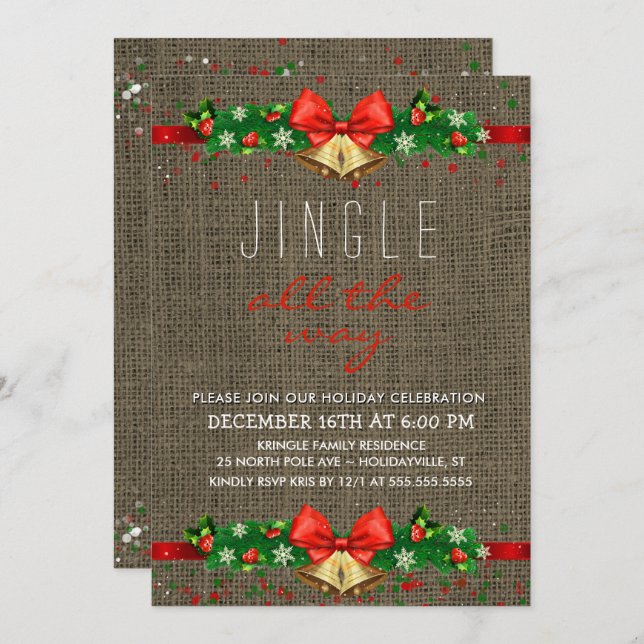 Julfest Jingle allt Way Rustic Burlap Inbjudningar (Fram/baksida)