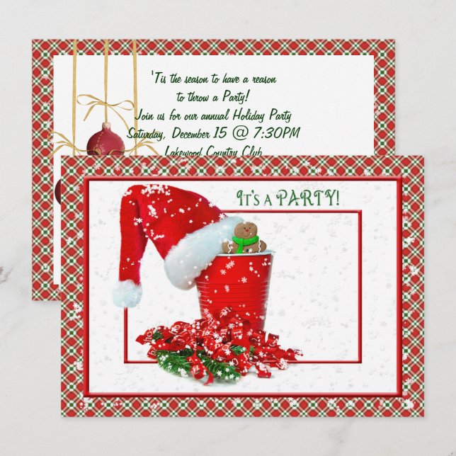 Julfest med det röda party kopp inbjudningar (Fram/baksida)