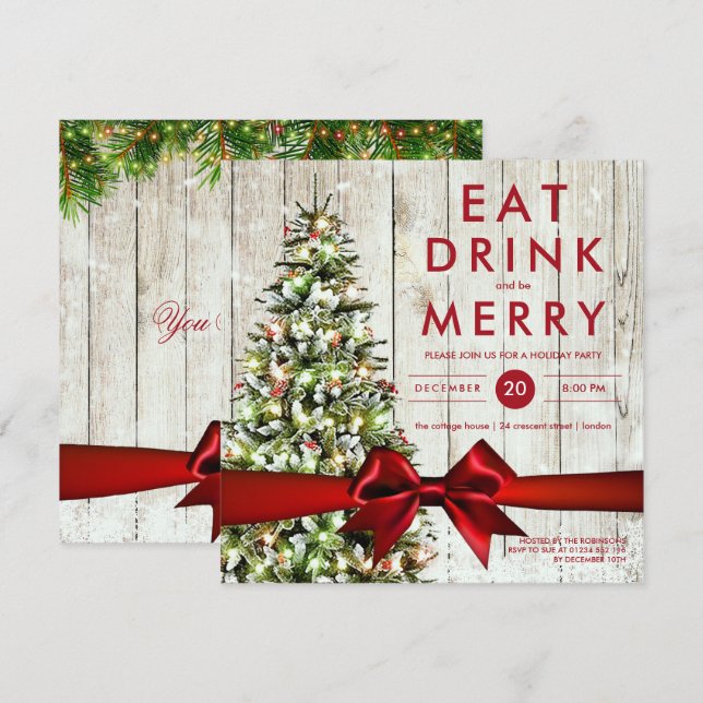 Julfest | Modern Träd, Ljus och Röda band Inbjudningar (Fram/baksida)
