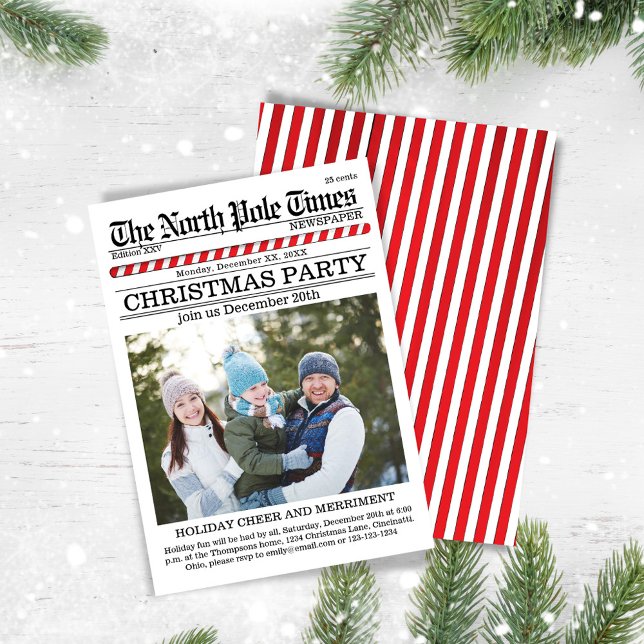 Julfest Red and White Newspaper Inbjudningar (Christmas party photo invitations.)