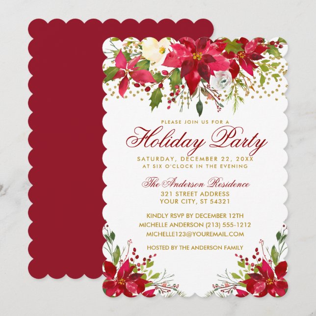 Julfest Red Blommigt Poinsettia Guld Glitter Inbjudningar (Fram/baksida)