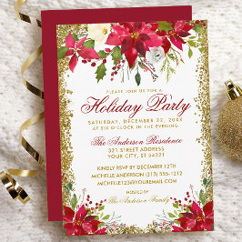 Julfest Red Guld Glitter Poinsettia Blommigt Inbjudningar