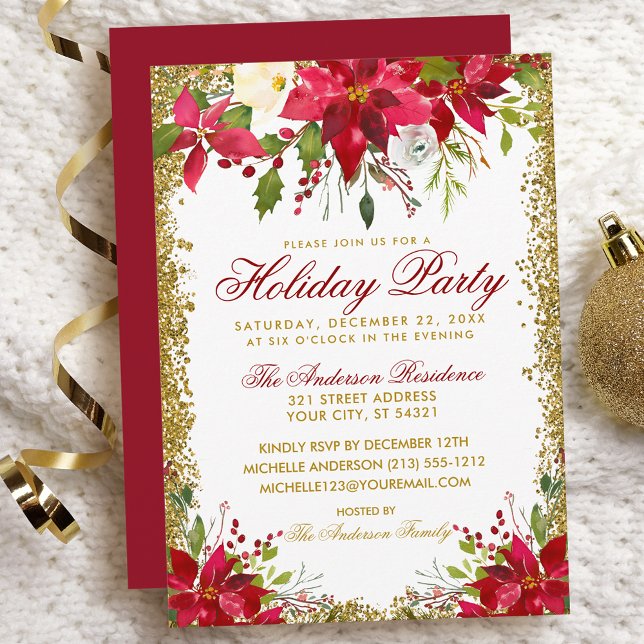 Julfest Red Guld Glitter Poinsettia Blommigt Inbjudningar (Customize to change text color, size, style or to change color of back of card.)