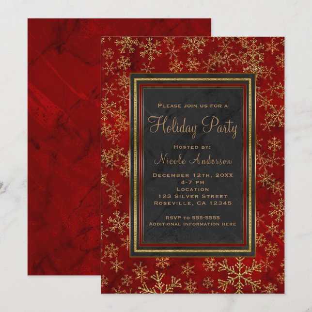 Julfest Red Marble Guld Snöflingor Elegant Inbjudningar (Fram/baksida)