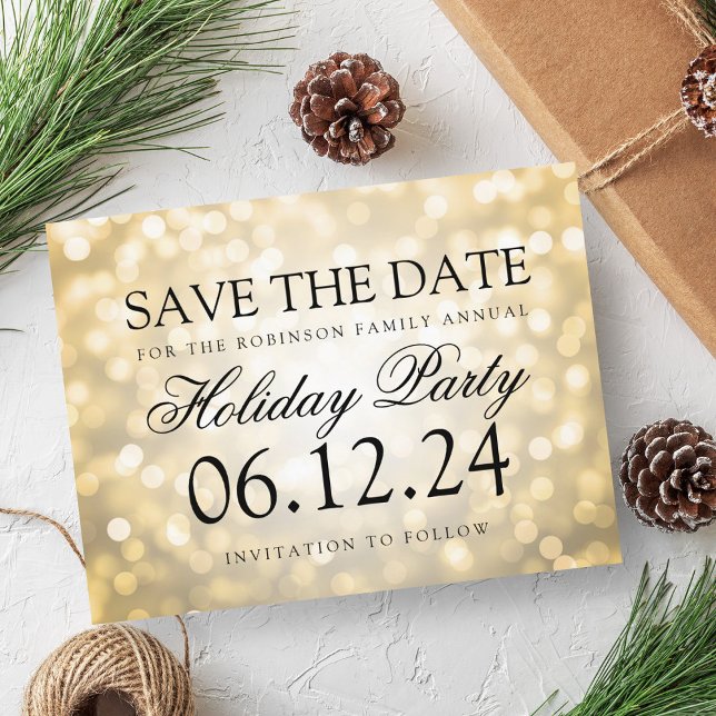 Julfest Spara datum Guld Glitter Ljus Meddelande Vykort (Holiday Party Save The Date Gold Glitter Lights Announcement Postcard)