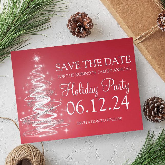 Julfest Spara datumet för mousserande Träd Red Meddelande Vykort (Holiday Party Save The Date Sparkling Tree Red Announcement Postcard)