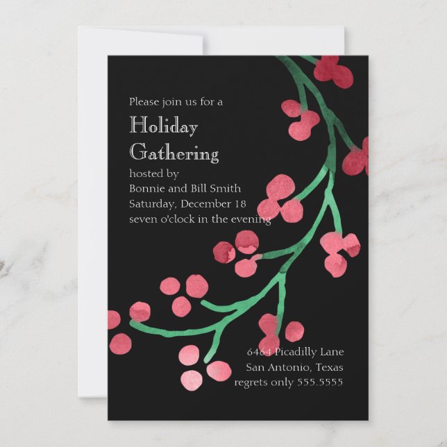 Julfest Watercolor Berry Gren Red Grönt Inbjudningar (Framsida)