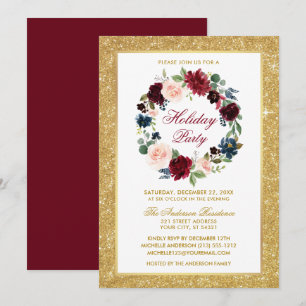 Julfest Watercolor Blommigt Guld Glitter Inbjudningar