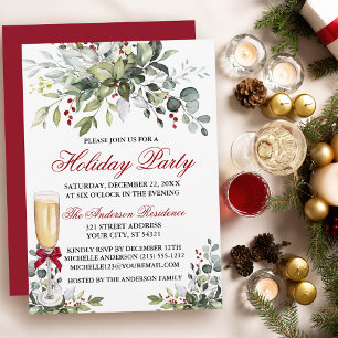 Julfest Watercolor Greenery Berries Glass Inbjudningar