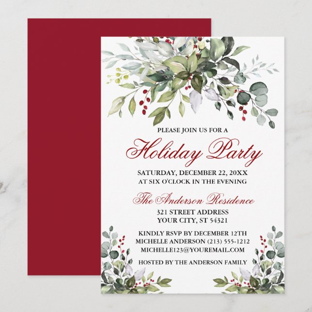 Julfest Watercolor Greenery Red Berries Inbjudningar (Fram/baksida)