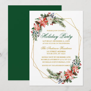 Julfest Watercolor Poinsettia Guld Grönt Inbjudningar