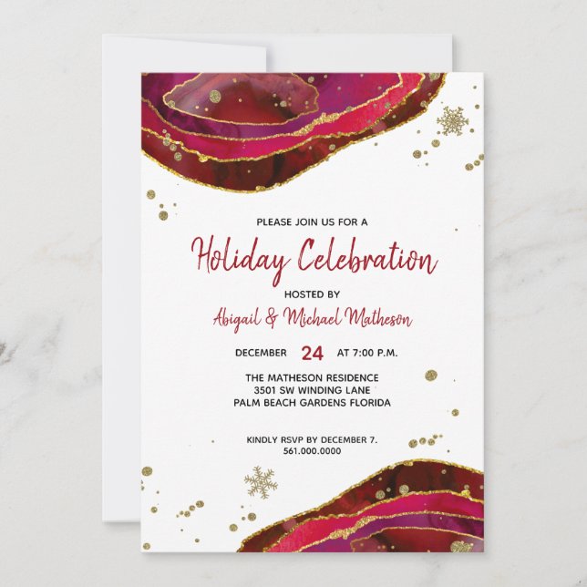 Julfesten Burgundy Guld Watercolor Geode Agate Inbjudningar (Framsida)