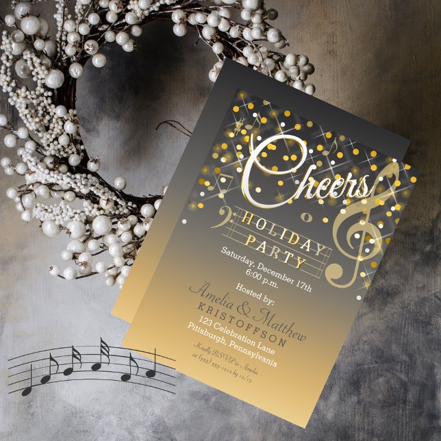 Julfesten Byt Ljus Music Theme Cheers Inbjudningar (Cheers Christmas Holiday Party in Gray and Gold Tone)