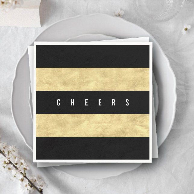 Julfesten Cheers Chic Gold Foil Black Rand Pappersservett (Cheers Chic Gold Foil Black Stripes Holiday Party Paper Napkins @ fat_fa_tin)