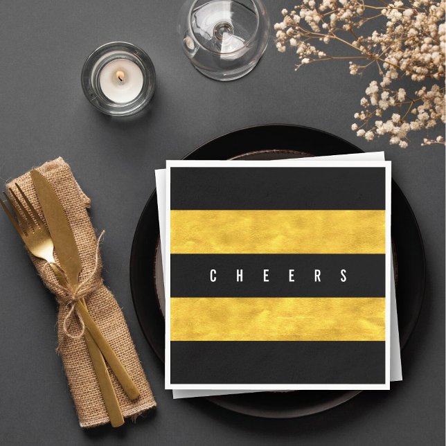 Julfesten Cheers Chic Gold Foil Black Rand Pappersservett (Cheers Chic Gold Foil Black Stripes Holiday Party Paper Napkins @ fat_fa_tin)