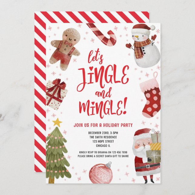 Julfesten Cute Jingle och Mingle Red Jul Inbjudningar (Fram/baksida)