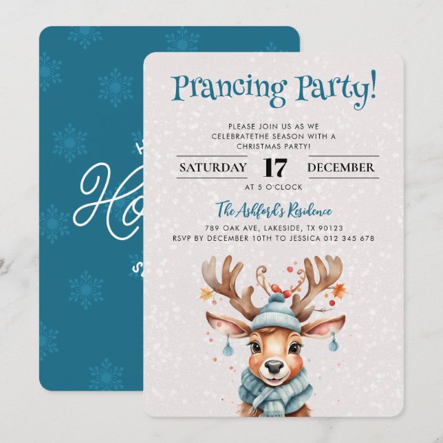 Julfesten Cute Watercolor Reindeer jul Inbjudningar (Fram/baksida)