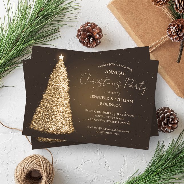 Julfesten elegant vid Gnistran Guld Julafton vid T Inbjudningar (Elegant Gold Xmas Tree Sparkle Holiday Party Invitation)