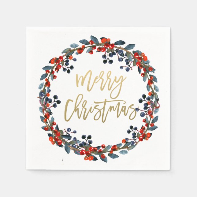 Julfesten Faux Guld God jul Berries Pappersservett (Framsidan)