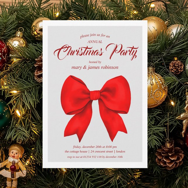 Julfesten Festive Red Bow jul Inbjudningar (Festive Red Bow Christmas Holiday Party Invitation)